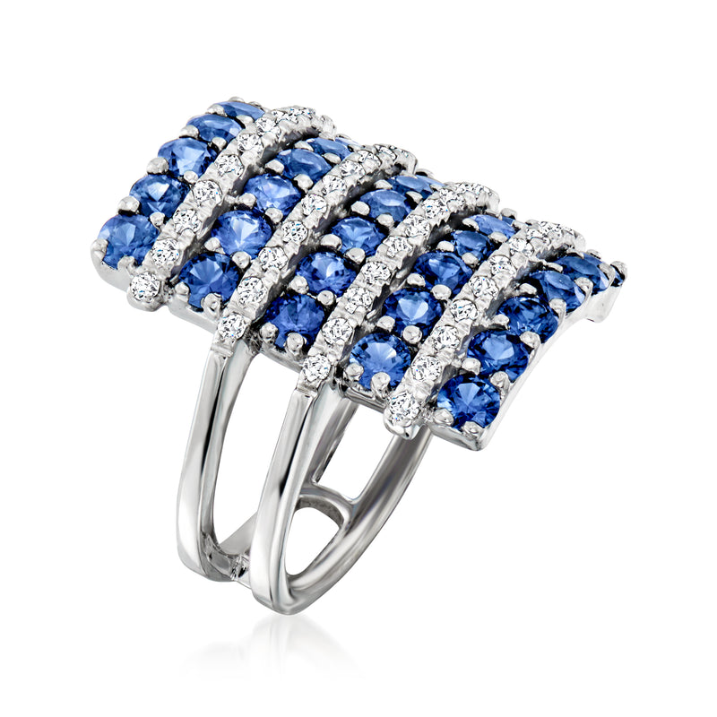 Multi-row blue sapphire and diamond band ring with curved profile in white gold