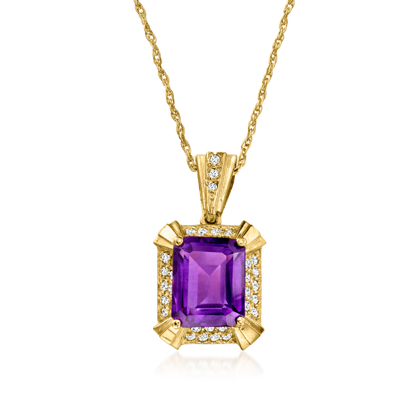 14kt yellow gold amethyst pendant with diamond halo on a fine chain