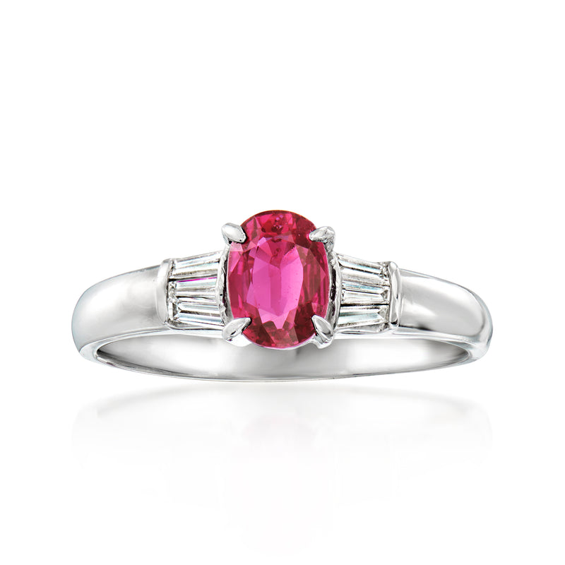 Vintage oval ruby ring with baguette diamond accents and polished platinum band