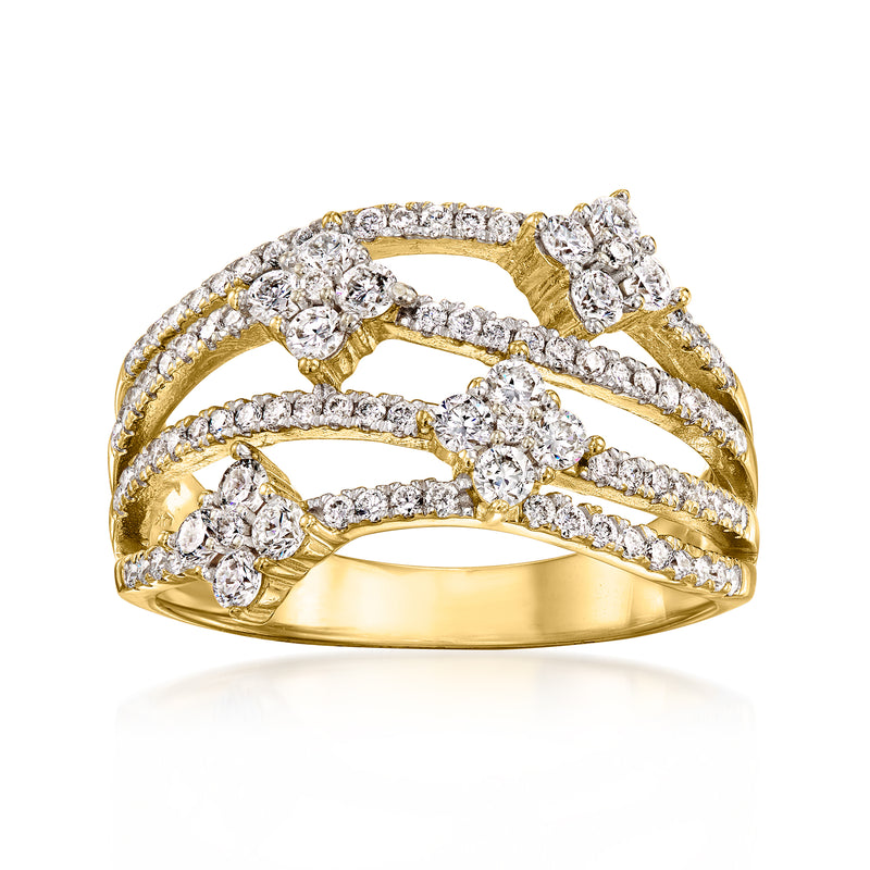 14kt yellow gold diamond multi-row flower ring with sparkling round stones