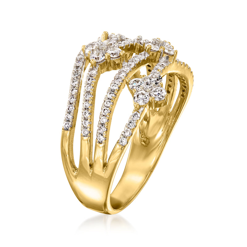 Yellow gold diamond multi-row flower ring, side view with raised round stone clusters