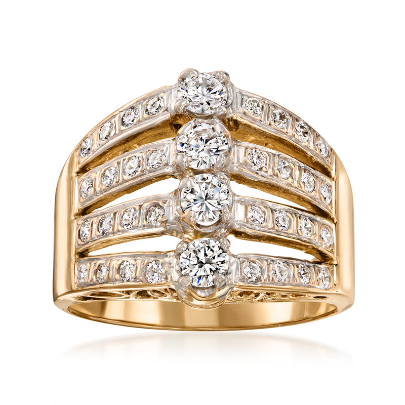 Two-tone gold vintage diamond multi-row ring with central round stones