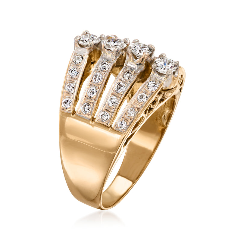 Two-tone gold diamond multi-row ring with raised bezel settings, side view