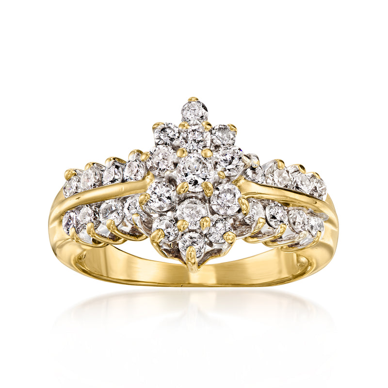 14kt yellow gold diamond cluster ring with round stones in a bold floral design