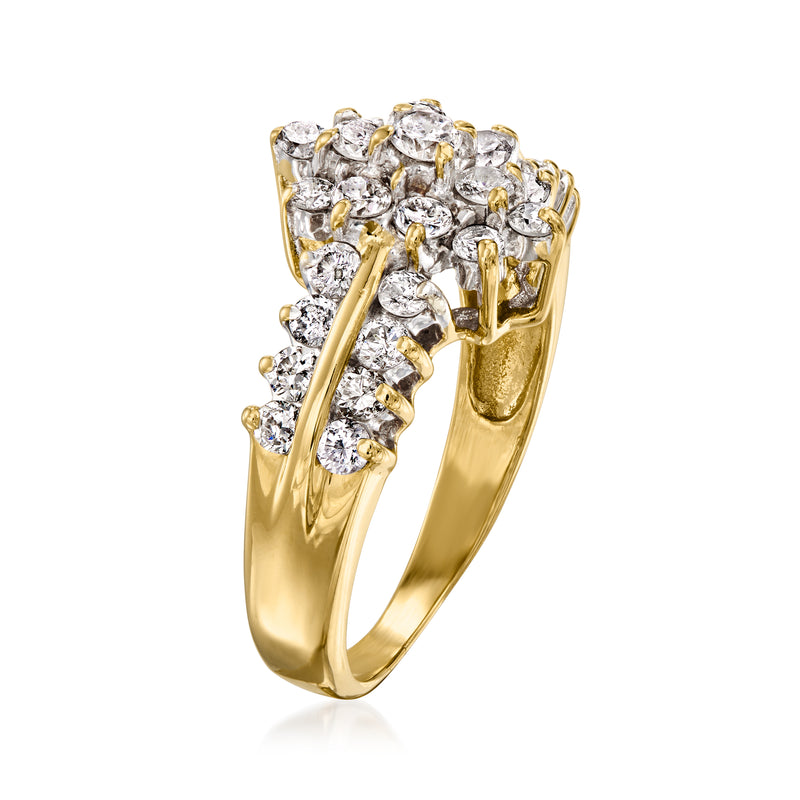 14kt yellow gold diamond cluster ring, side view with prong-set round diamonds