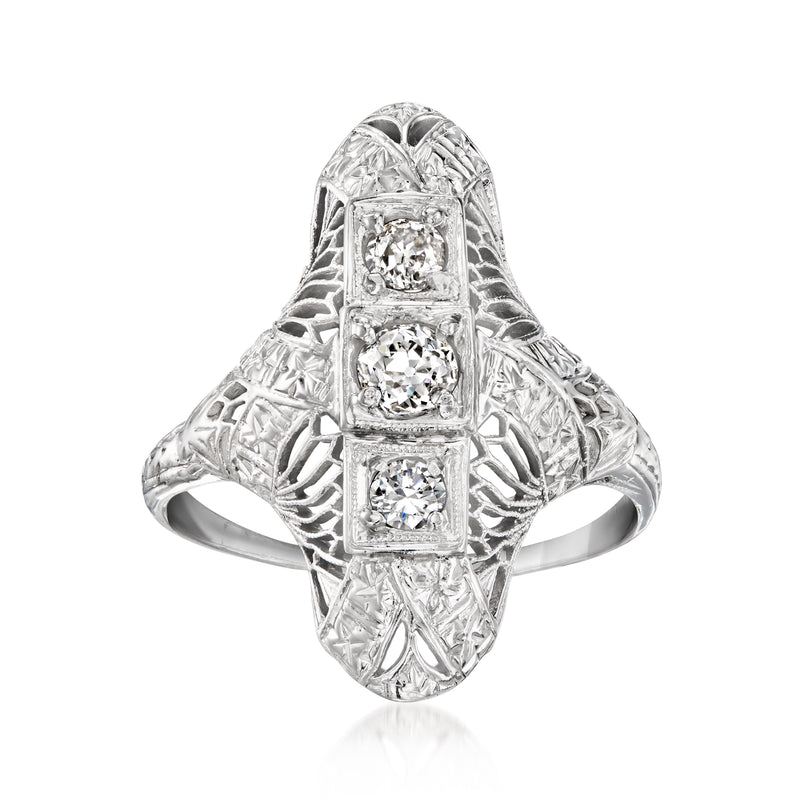 14kt white gold openwork diamond ring with three square-set stones