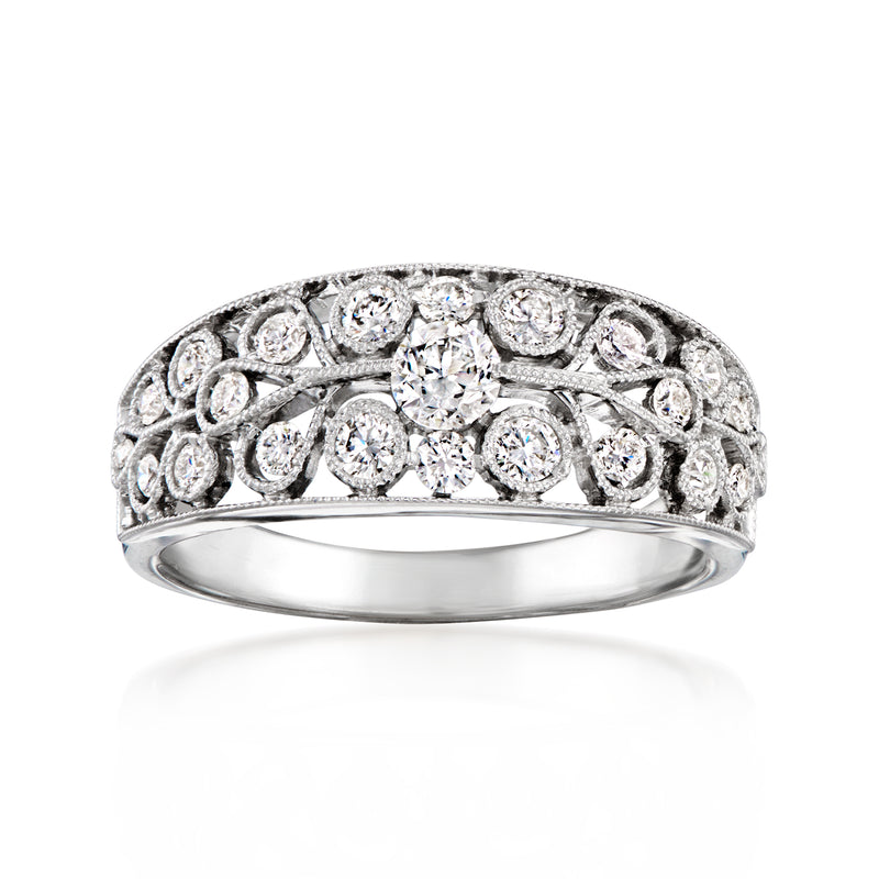 18kt white gold diamond openwork ring with round stones, wide scalloped profile