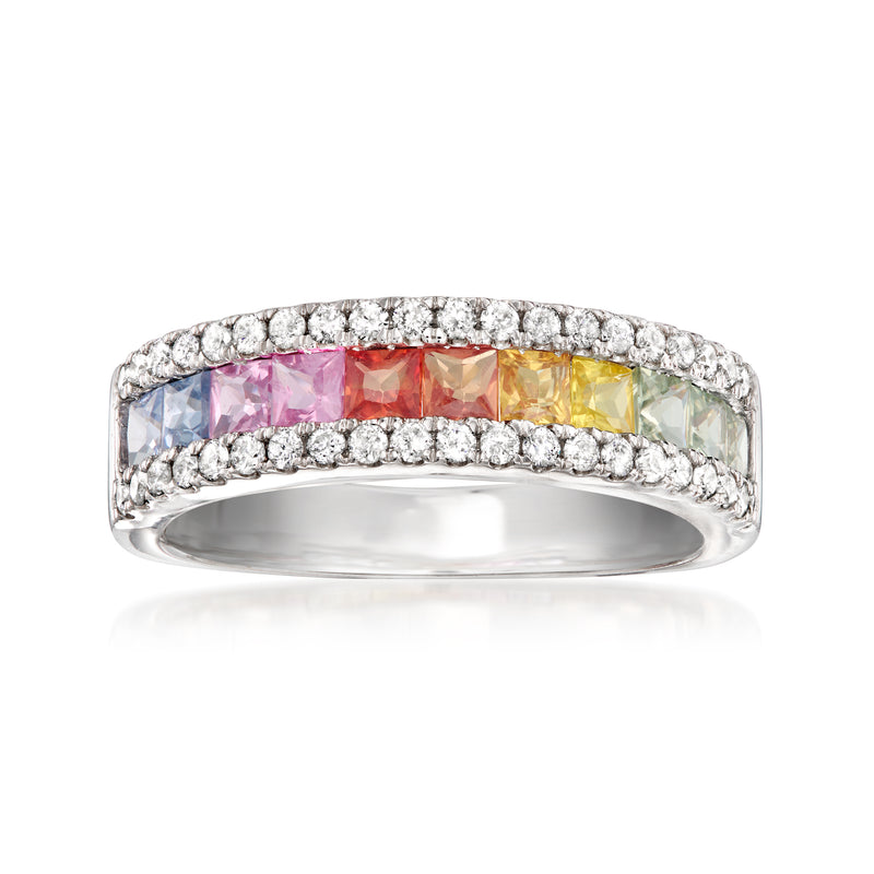 White gold ring with multicolored sapphires and diamond rows