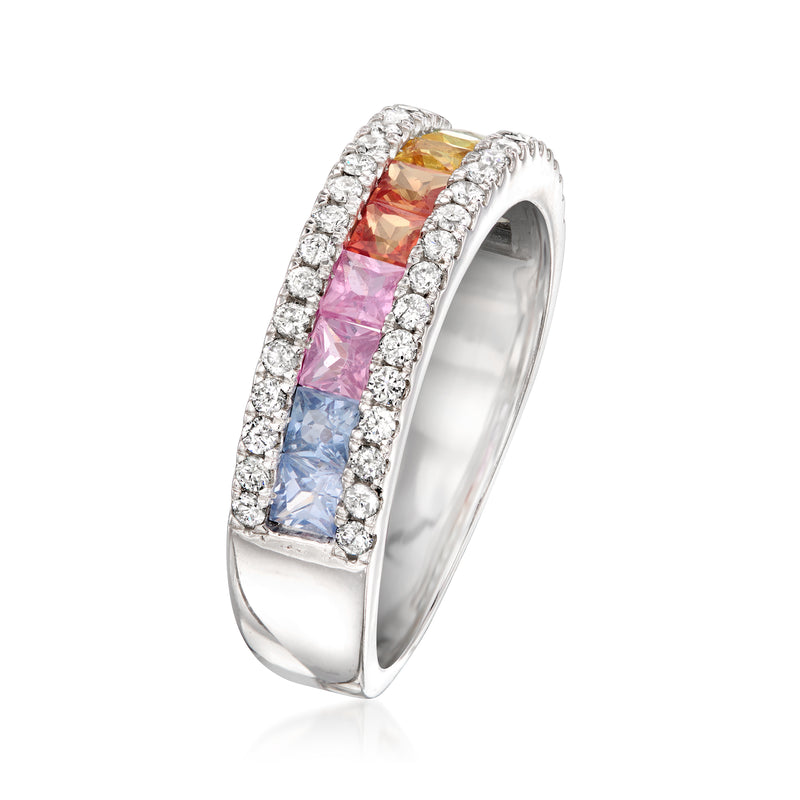 Vintage 14kt white gold ring with multicolored sapphires and diamond accents