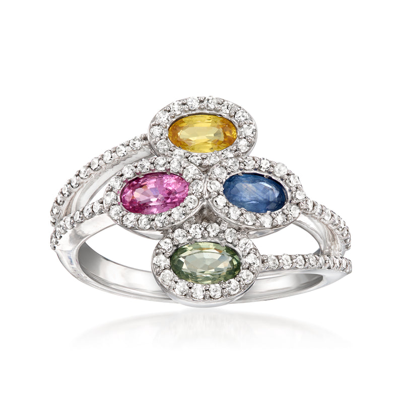 14kt white gold ring with multicolor oval sapphires and diamond halos