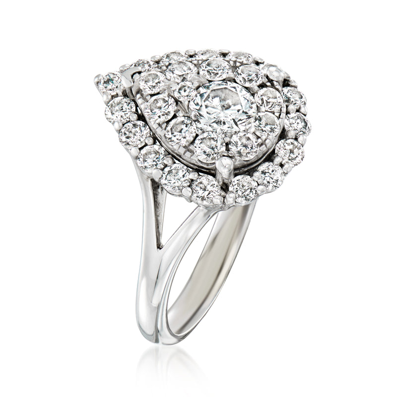 Side view teardrop diamond cluster ring, 14kt white gold with round diamonds