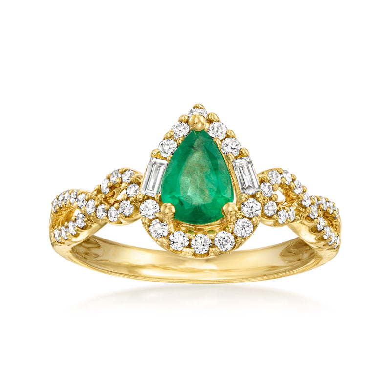 Vintage 14kt yellow gold ring with pear emerald center and diamond halo