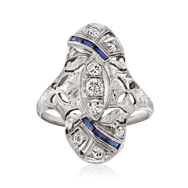 Vintage white gold ring with blue synthetic sapphire inlays and sparkling diamond-look accents