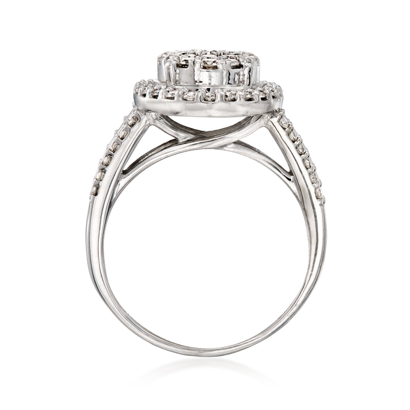 Back view of oval diamond cluster ring in white gold with prong settings