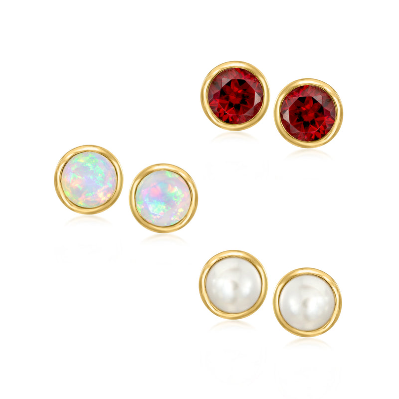 Bezel-set birthstone stud earrings, gold finish, with red, opal, and pearl stones