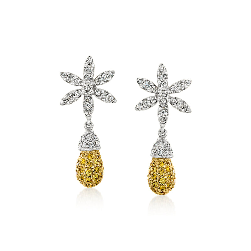 Two-tone diamond drop earrings with white flower top and yellow teardrop dangles