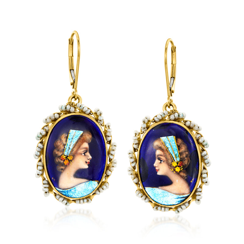 14kt yellow gold drop earrings with blue portrait oval, seed pearls, leverback