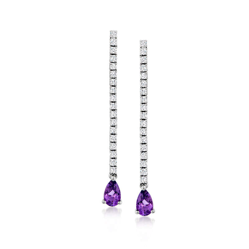 Long white gold drop earrings with diamond bars and pear-shaped purple amethyst drops