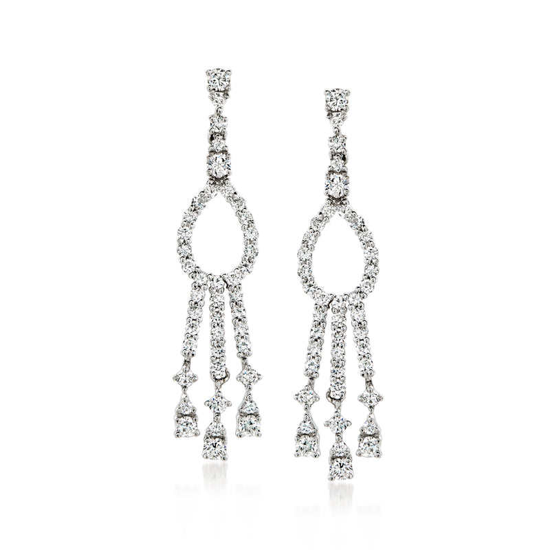 Diamond chandelier earrings with teardrop drops and tassel fringes, white gold posts