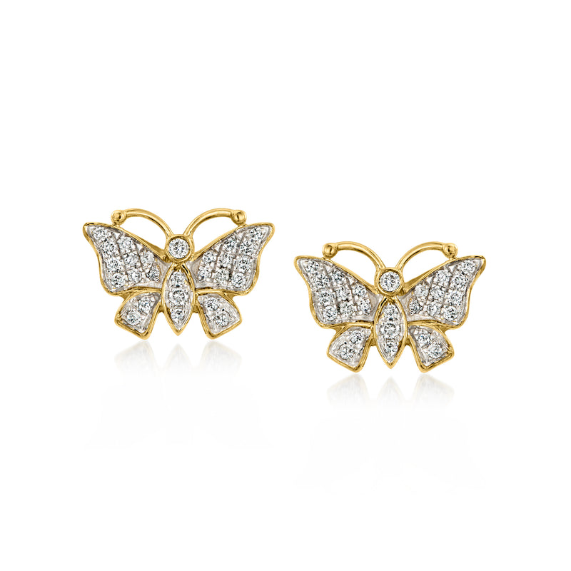 Butterfly diamond stud earrings in 10kt yellow gold, sparkle pave wings