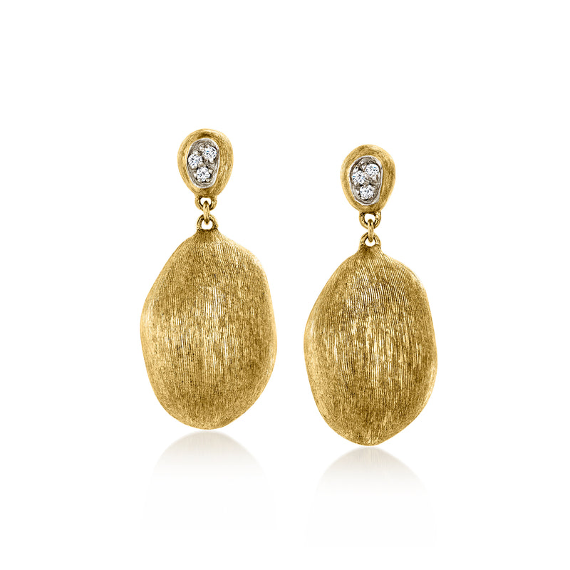Gold drop earrings with textured teardrop drops and small diamond accents at top.