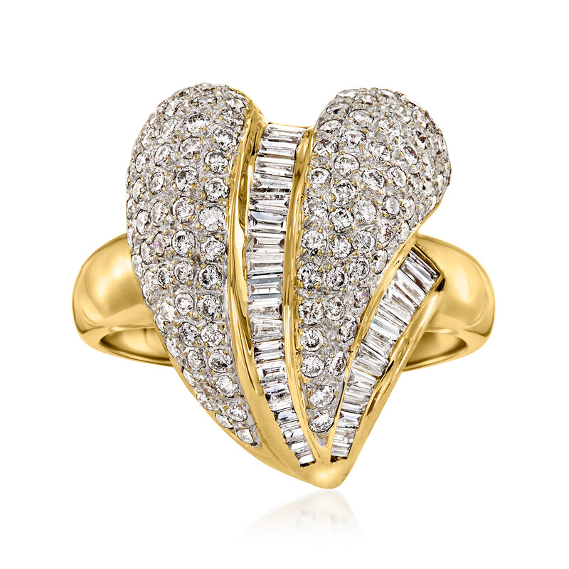 Vintage 18kt yellow gold diamond heart ring with pavé and baguette accents