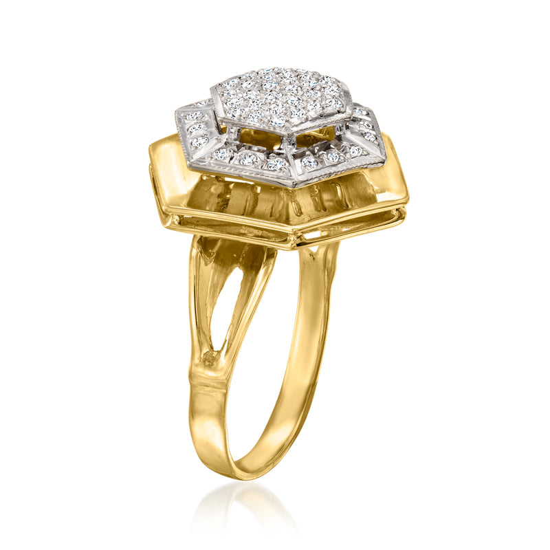 18kt yellow gold ring with raised diamond cluster and stepped square bezel