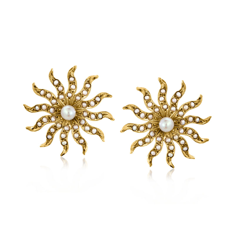 14kt yellow gold starburst clip earrings with cultured pearls and petal-like details