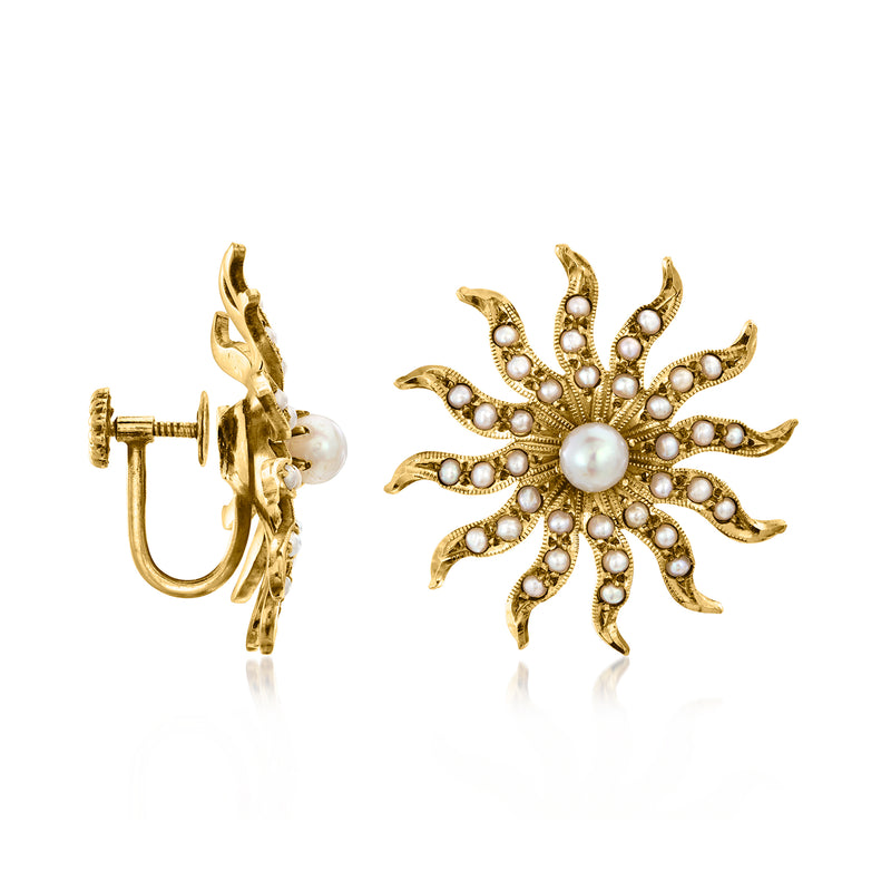 Gold clip starburst earrings with cultured pearl center and bead-studded arms