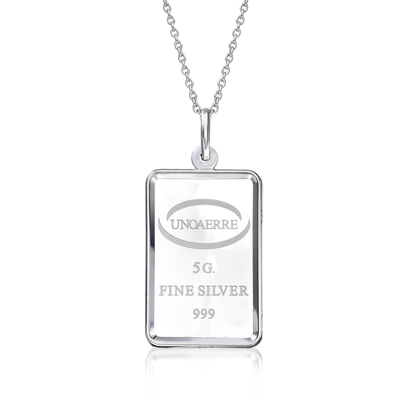 Sterling silver ingot pendant necklace with rectangular 5G fine silver marking