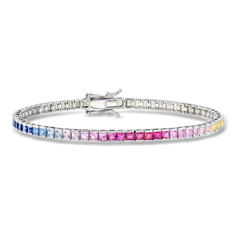White gold tennis bracelet with multicolored sapphire square stones and box clasp