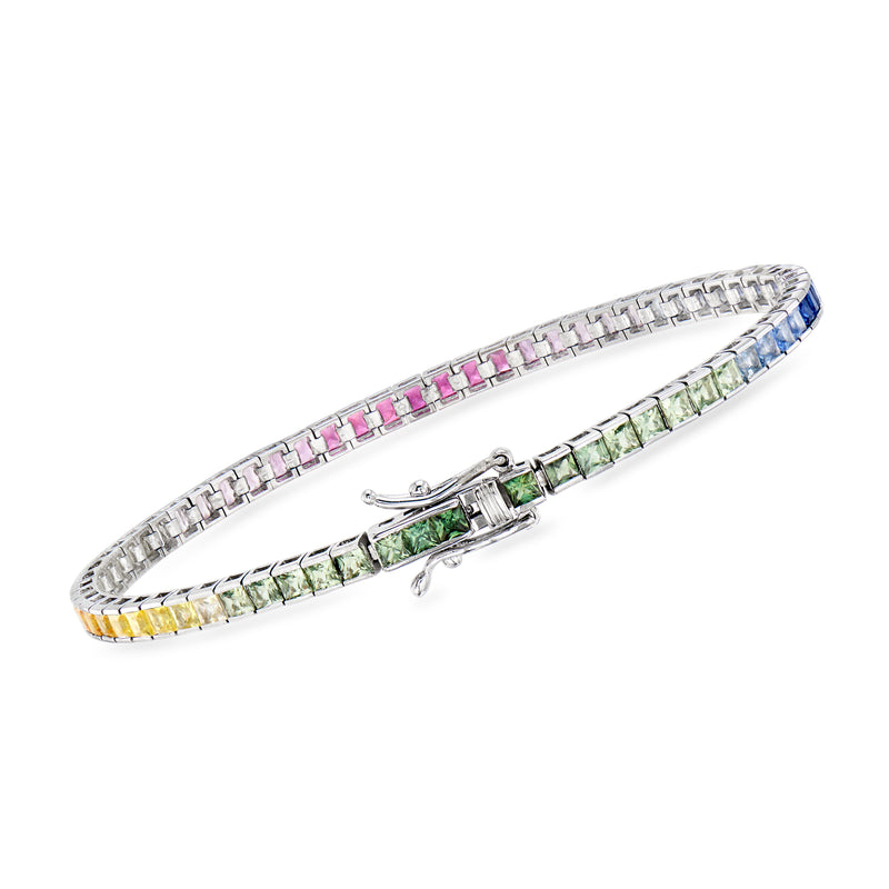 Multicolored sapphire tennis bracelet in white gold with box clasp and hinged links
