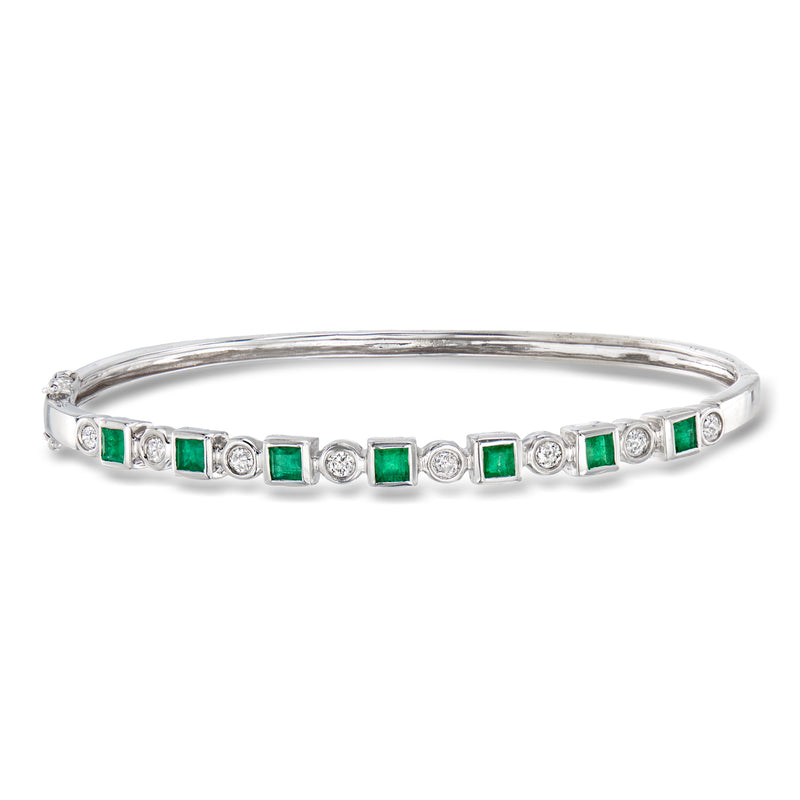 Vintage white gold bangle bracelet with emerald and diamond checker accents