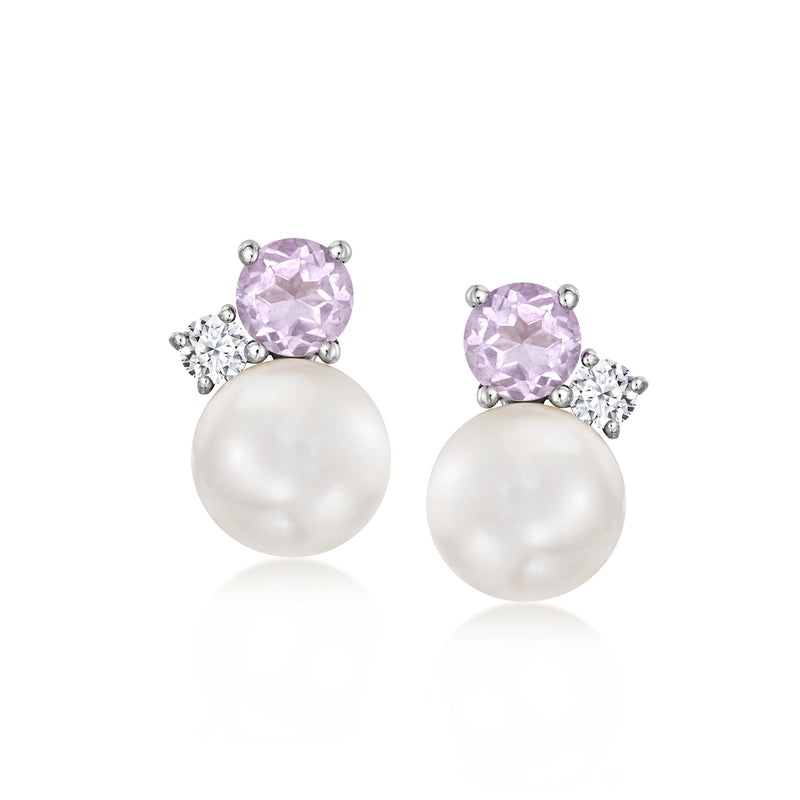 Sterling silver post earrings with lavender amethyst, diamond accents, and cultured pearl drops