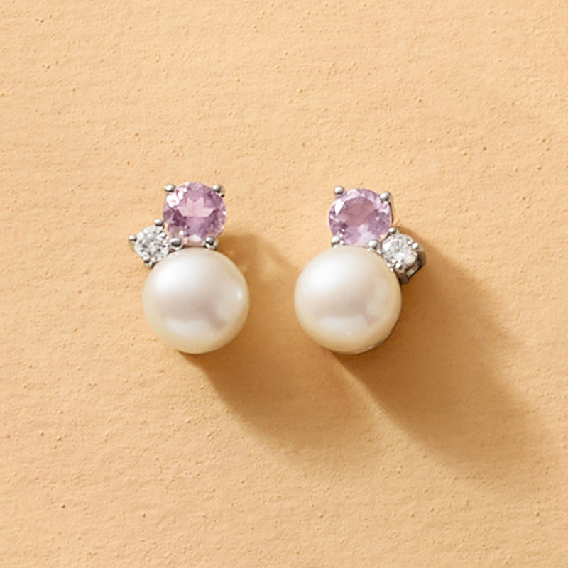 Sterling silver post earrings with lavender amethyst, diamond clusters, and cultured pearl
