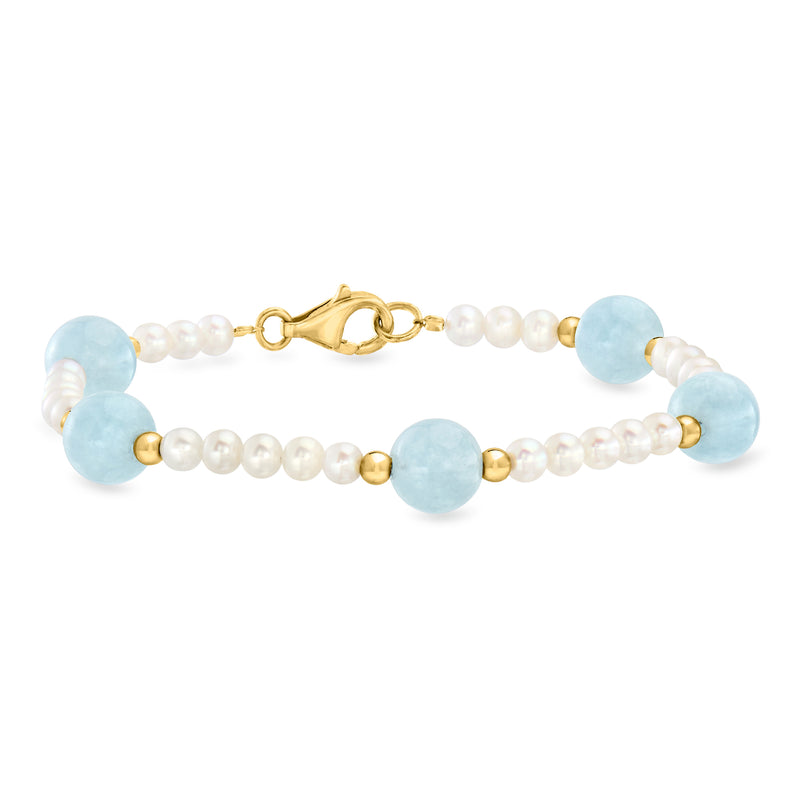 Cultured pearl and milky aquamarine bead station bracelet with 18kt gold clasp