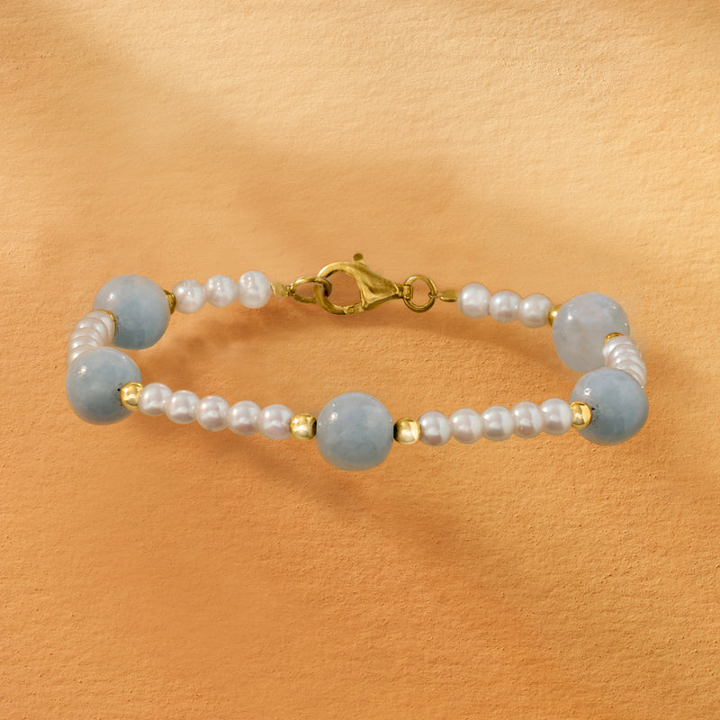 Cultured pearl and milky aquamarine beaded bracelet with gold toggle clasp