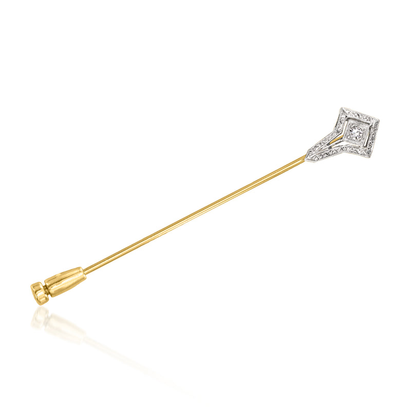Two-tone gold stick pin with square diamond bezel and long needle back