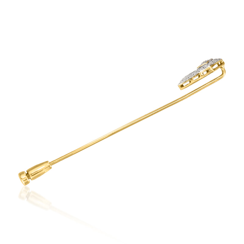 Two-tone gold stick pin with bar clasp and square diamond front