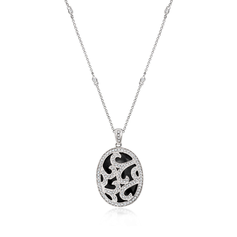 Swirl pendant necklace in white gold with black enamel oval and small diamond accents
