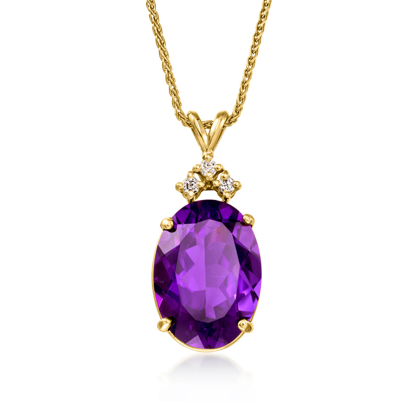 Gold pendant necklace with oval amethyst gemstone and diamond accents on chain