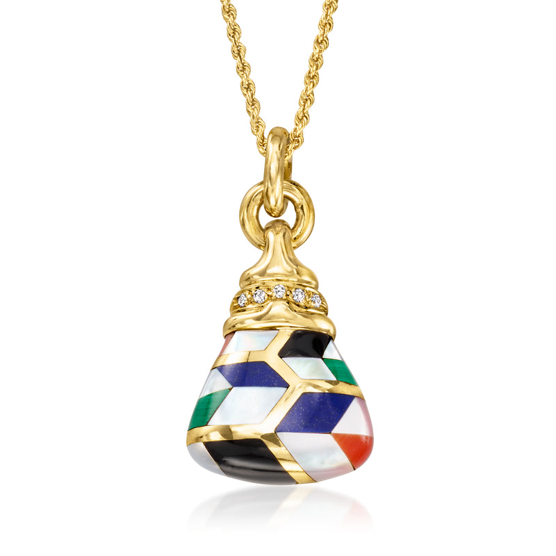 14kt yellow gold gemstone inlay pendant necklace, multicolor teardrop charm