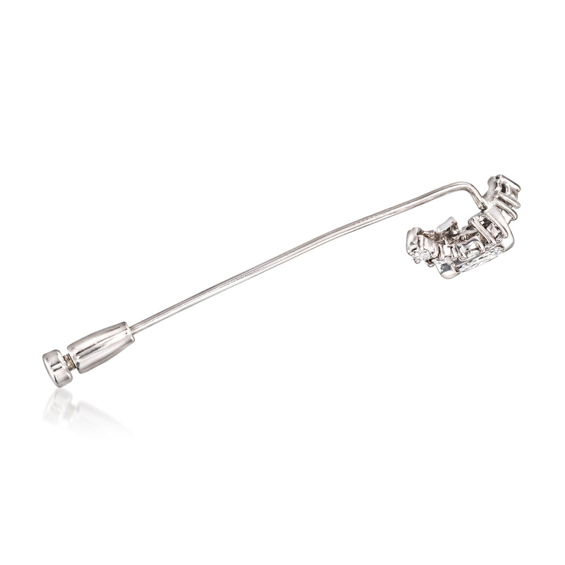 Vintage diamond stick pin in white gold, square and baguette cluster with prongs