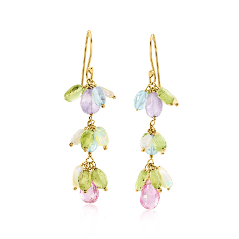 Gold drop earrings with pastel opal beads, green and pink gems, and cultured pearls