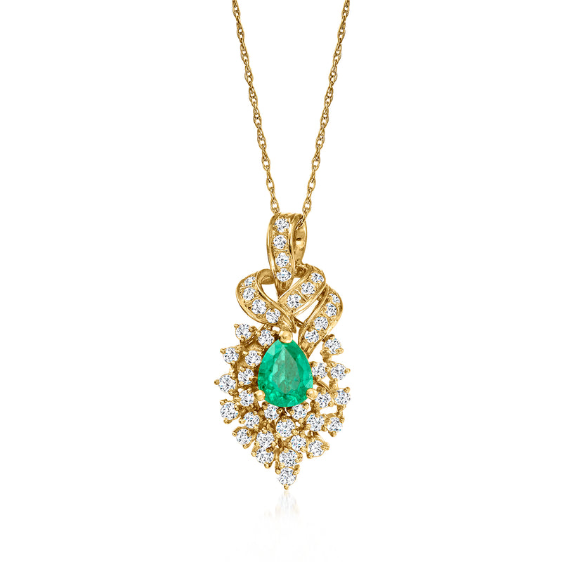 18k yellow gold pendant necklace with green emerald center and diamond cluster halo