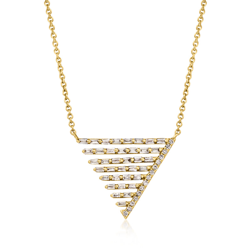 14kt yellow gold V-shaped diamond necklace with baguette stones on chain