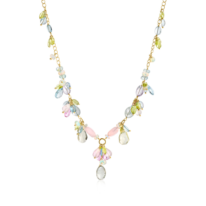Gold over sterling floral bead necklace with pastel multi-gem drop accents