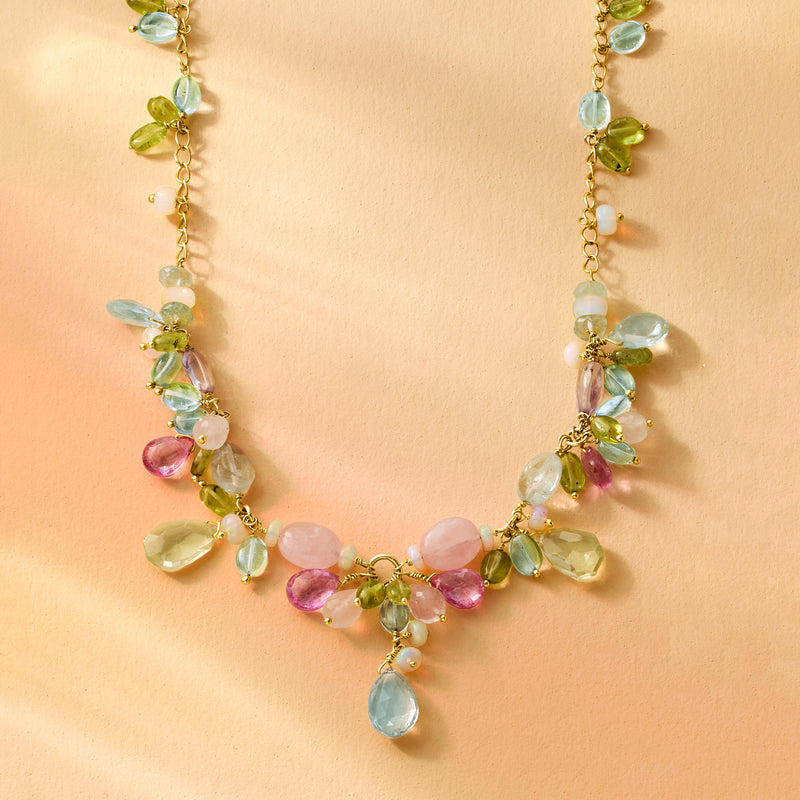 Gold over sterling floral bead necklace with pastel teardrop and flower pendants