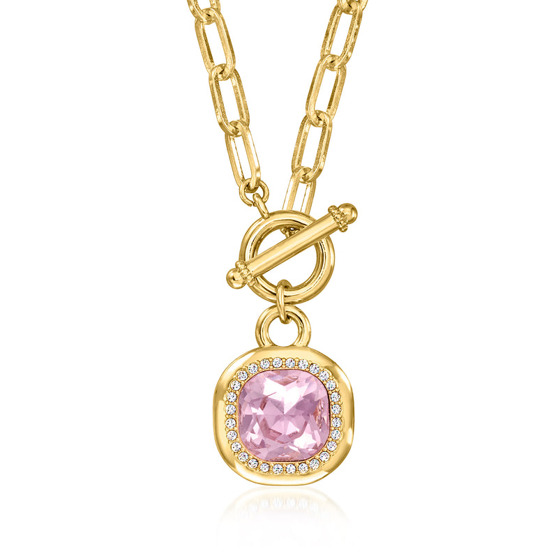 Gold-plated toggle necklace with pink oval gemstone and crystal halo pendant