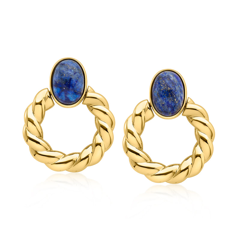 Twisted yellow gold-plated hoop earrings with blue lapis oval stones